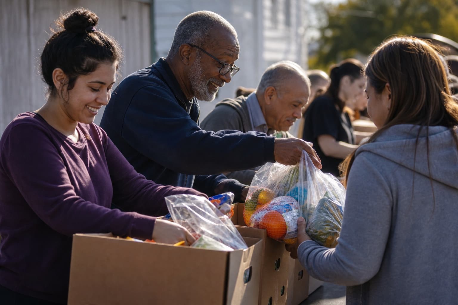 Volunteers packing food boxes for neighbors